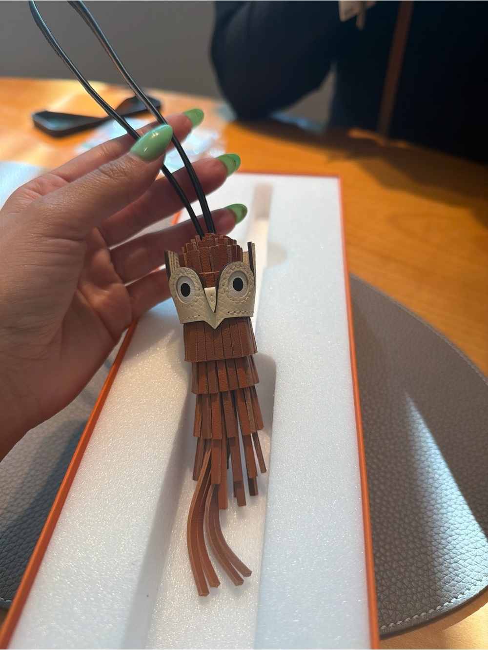 Hermes Brown Leather Owl Tassel Charm with Cream Eyes